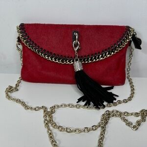 Carol Brodie Red Cowhide Black Leather Chain Strap Small Crossbody Bag